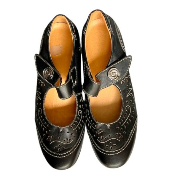 Spring Step Bethany Laser Perforated Leather Mary Jane Wingtips - Black - 10 - Picture 4 of 9